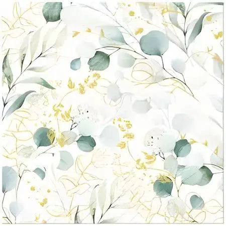 Floral pattern with green leaves and gold accents on a white background