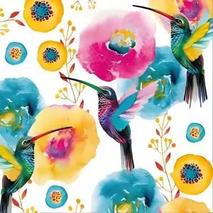 Colourful illustration of hummingbirds and flowers on a white background