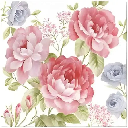 Floral design with pink and grey flowers on a white background