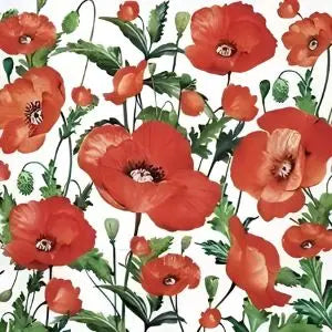 Pattern of red poppies with green leaves on a white background