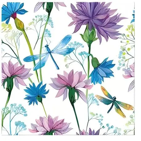 Colourful floral and dragonfly pattern on a white background