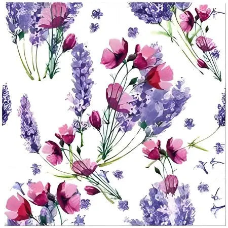 Pattern of purple lavender and pink flowers on a white background