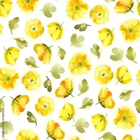 Pattern of yellow flowers with green leaves on a white background