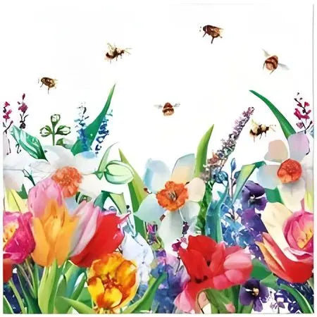 Colourful flowers with bees on a white background